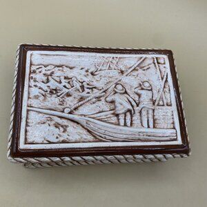 Vintage Smoking Tobacco Box Nautical Scene Fishermen Ceramic Rope Edge READ
